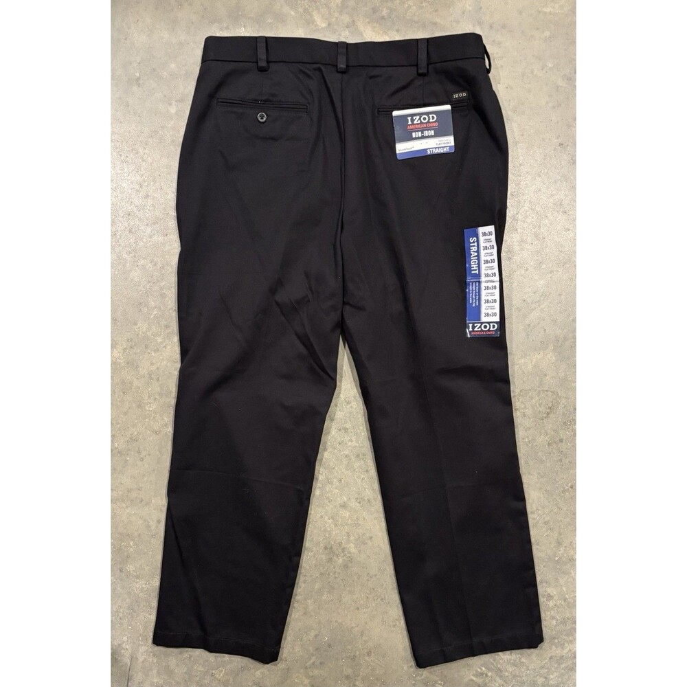 IZOD American Chino Pants Mens 38x30 Black Flat Front Straight Non-Iron NWT